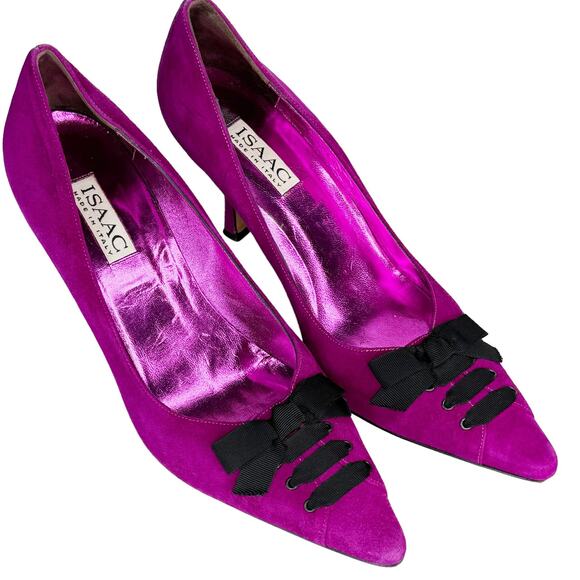 Vintage Y2K Isaac Mizrahi Suede Heels Pointed Toe Ribbon Trim Purple Black 9.5 - Picture 12 of 12